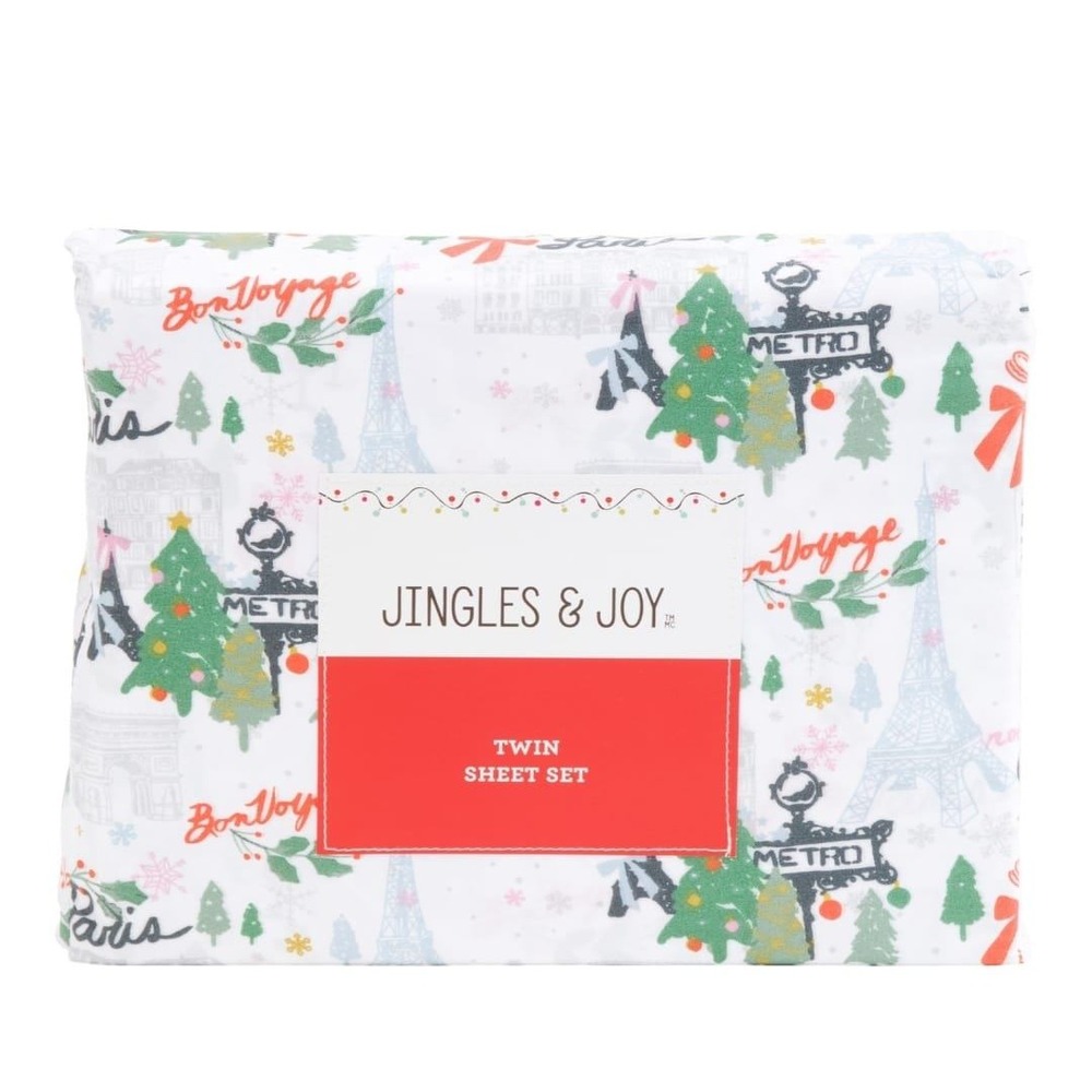 Jingles &‎ Joy Queen Sheet Set Paris Christmas Trees Eiffel Tower Noel
